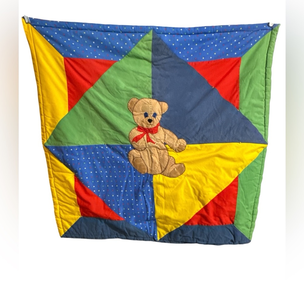 Vintage Style Grandmacore Quilted Crib Blanket‎ Teddy Bear 38x38